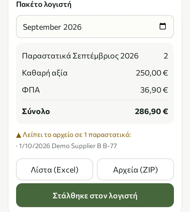 Πακέτο λογιστή του μήνα με σύνολα, παραστατικά που λείπουν και εξαγωγή